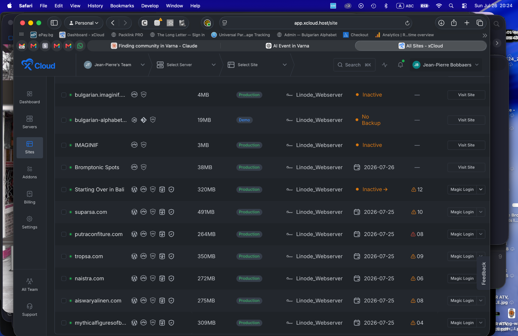 Real xCloud dashboard showing websites on the Linode server